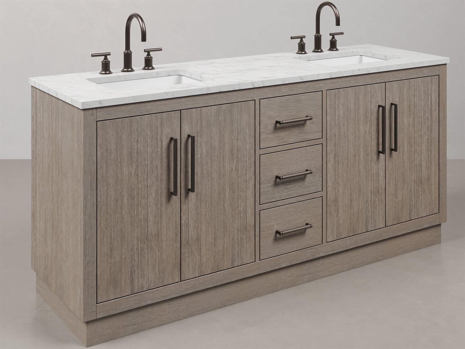 Water Creation Hugo Single Sink Carrara White Marble Countertop Vanity in Grey Oak with Gooseneck Faucet and Mirror