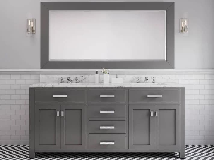 Water Creation Madison Double Sink Carrara White Marble Countertop Bath Vanity in Cashmere Grey with Rectangular Mirror (L)
