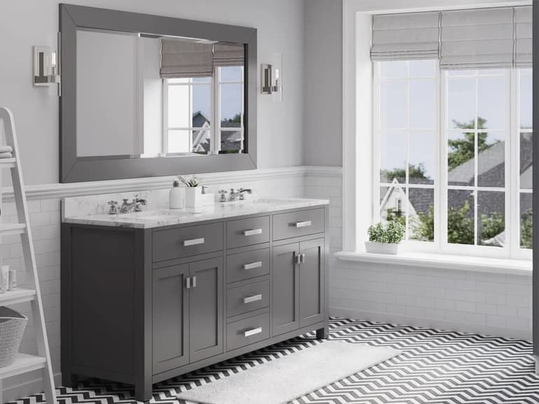 Water Creation Madison Double Sink Carrara White Marble Countertop Bath Vanity in Cashmere Grey with Rectangular Mirror (L)