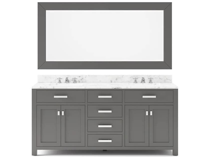 Water Creation Madison Double Sink Carrara White Marble Countertop Bath Vanity in Cashmere Grey with Chrome Hardware, Classic Faucets and Rectangular Mirror (L)