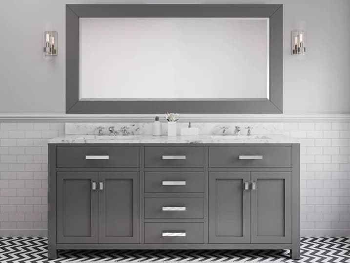 Water Creation Madison Double Sink Carrara White Marble Countertop Bath Vanity in Cashmere Grey with Chrome Hardware, Classic Faucets and Rectangular Mirror (L)