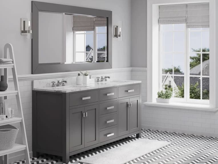 Water Creation Madison Double Sink Carrara White Marble Countertop Bath Vanity in Cashmere Grey with Chrome Hardware, Classic Faucets and Rectangular Mirror (L)