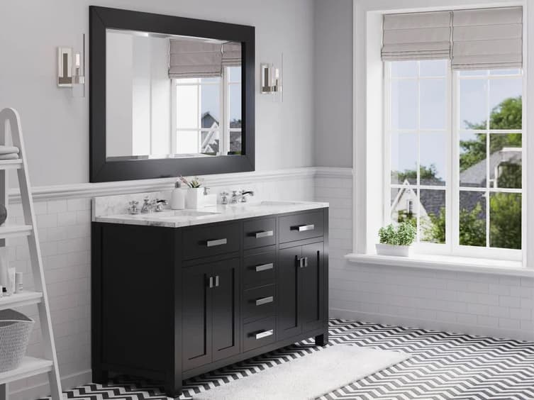 Water Creation Madison Double Sink Carrara White Marble Countertop Bath Vanity in Espresso with Rectangular Mirror (L)