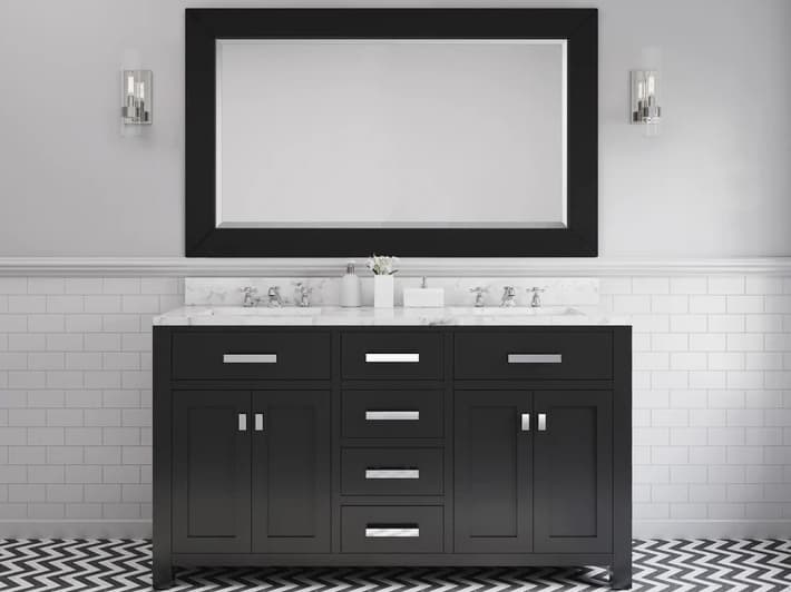 Water Creation Madison Double Sink Carrara White Marble Countertop Bath Vanity in Espresso with Chrome Hardware, Classic Faucets and Rectangular Mirror (L)