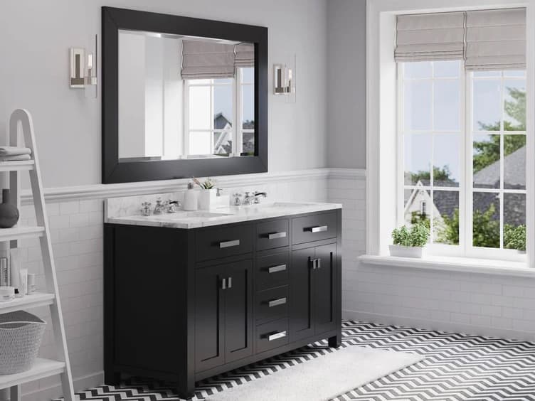 Water Creation Madison Double Sink Carrara White Marble Countertop Bath Vanity in Espresso with Chrome Hardware, Classic Faucets and Rectangular Mirror (L)