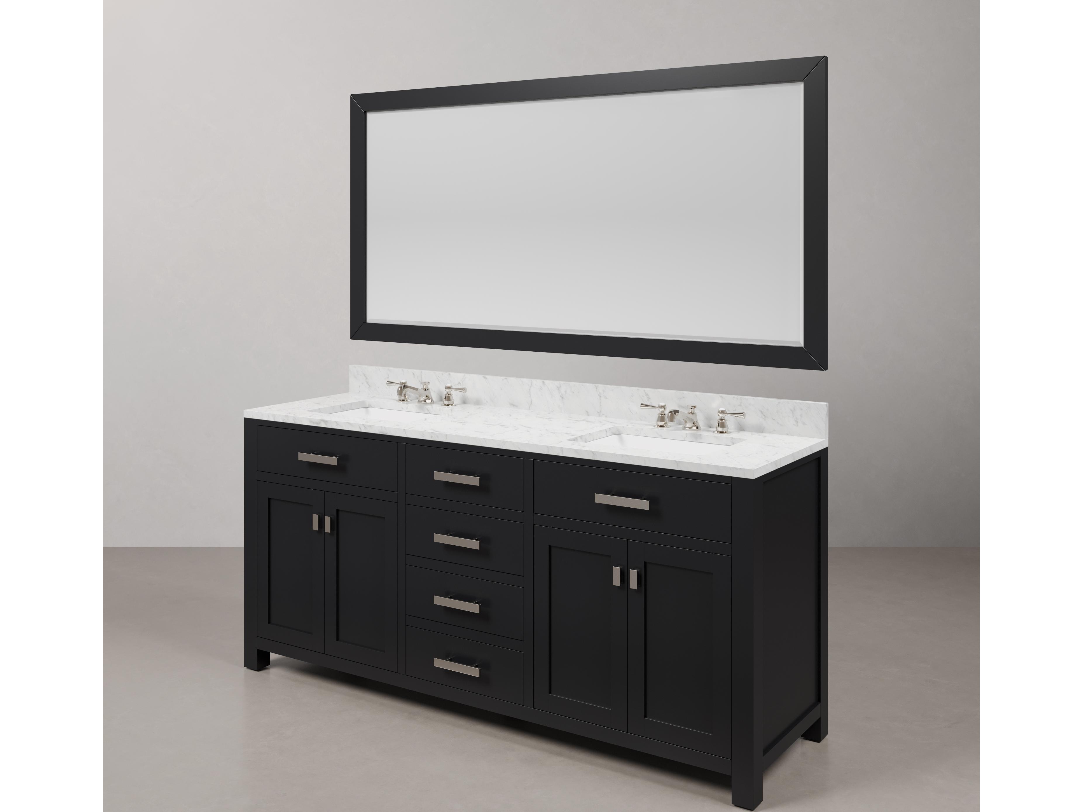 Water Creation Madison Double Sink Carrara White Marble Countertop Bath Vanity in Espresso with Chrome Hardware, Classic Faucets and Rectangular Mirror (L)