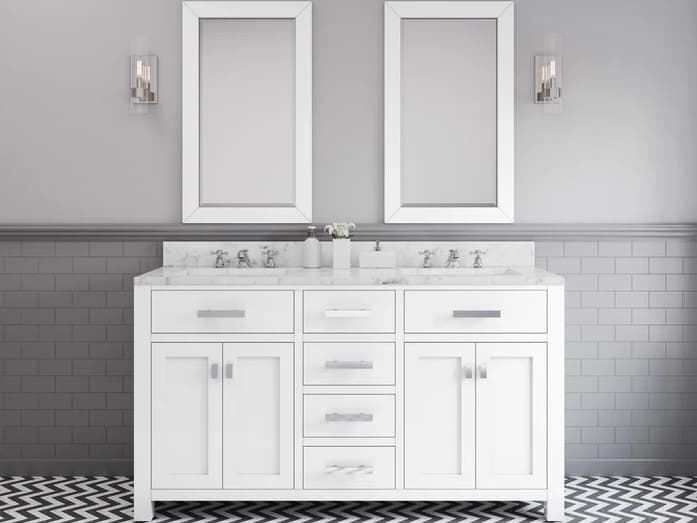 Water Creation Madison Double Sink Carrara White Marble Countertop Bath Vanity in Pure White