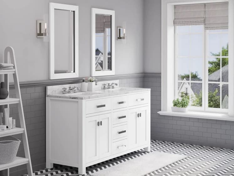 Water Creation Madison Double Sink Carrara White Marble Countertop Bath Vanity in Pure White with Chrome Hardware and Classic Faucets