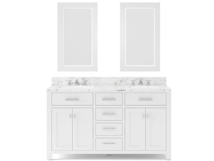 Water Creation Madison Double Sink Carrara White Marble Countertop Bath Vanity in Pure White with Chrome Hardware, Classic Faucets and Rectangular Mirrors (S)