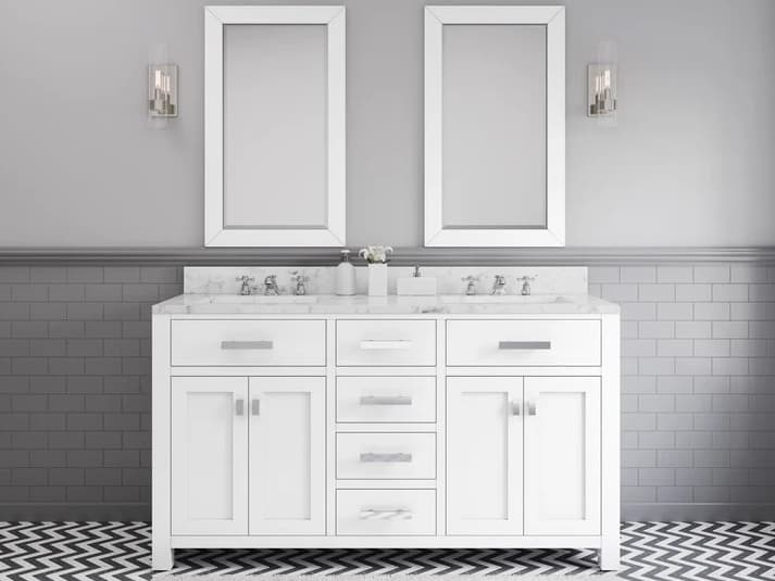 Water Creation Madison Double Sink Carrara White Marble Countertop Bath Vanity in Pure White with Chrome Hardware, Classic Faucets and Rectangular Mirrors (S)