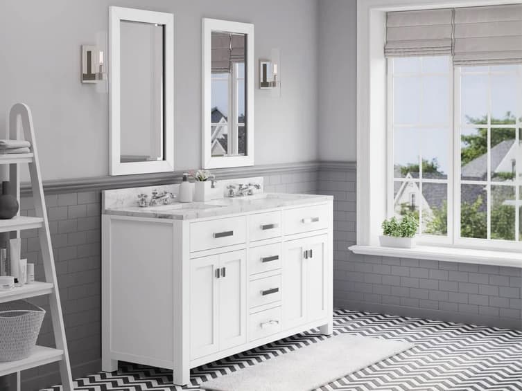 Water Creation Madison Double Sink Carrara White Marble Countertop Bath Vanity in Pure White with Chrome Hardware, Classic Faucets and Rectangular Mirrors (S)