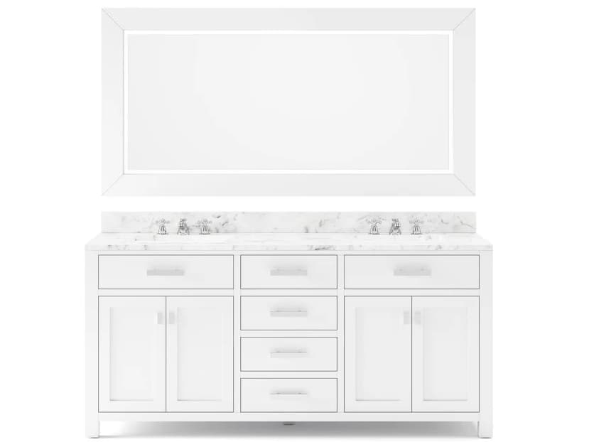Water Creation Madison Double Sink Carrara White Marble Countertop Bath Vanity in Pure White with Chrome Hardware, Classic Faucets and Rectangular Mirror (L)