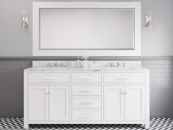Water Creation Madison Double Sink Carrara White Marble Countertop Bath Vanity in Pure White with Chrome Hardware, Classic Faucets and Rectangular Mirror (L)