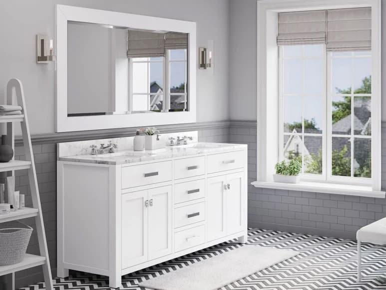 Water Creation Madison Double Sink Carrara White Marble Countertop Bath Vanity in Pure White with Chrome Hardware, Classic Faucets and Rectangular Mirror (L)