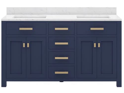 Water Creation Madison Double Sink Carrara White Marble Countertop Bath Vanity In Monarch Blue with Satin Gold Hardware