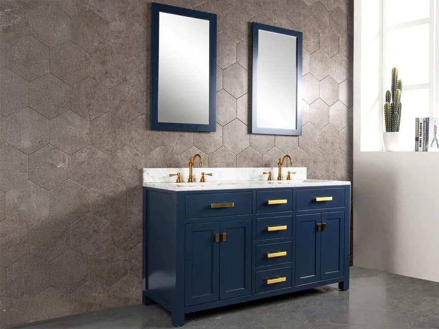 Water Creation Madison Double Sink Carrara White Marble Countertop Bath Vanity In Monarch Blue with Satin Gold Hardware
