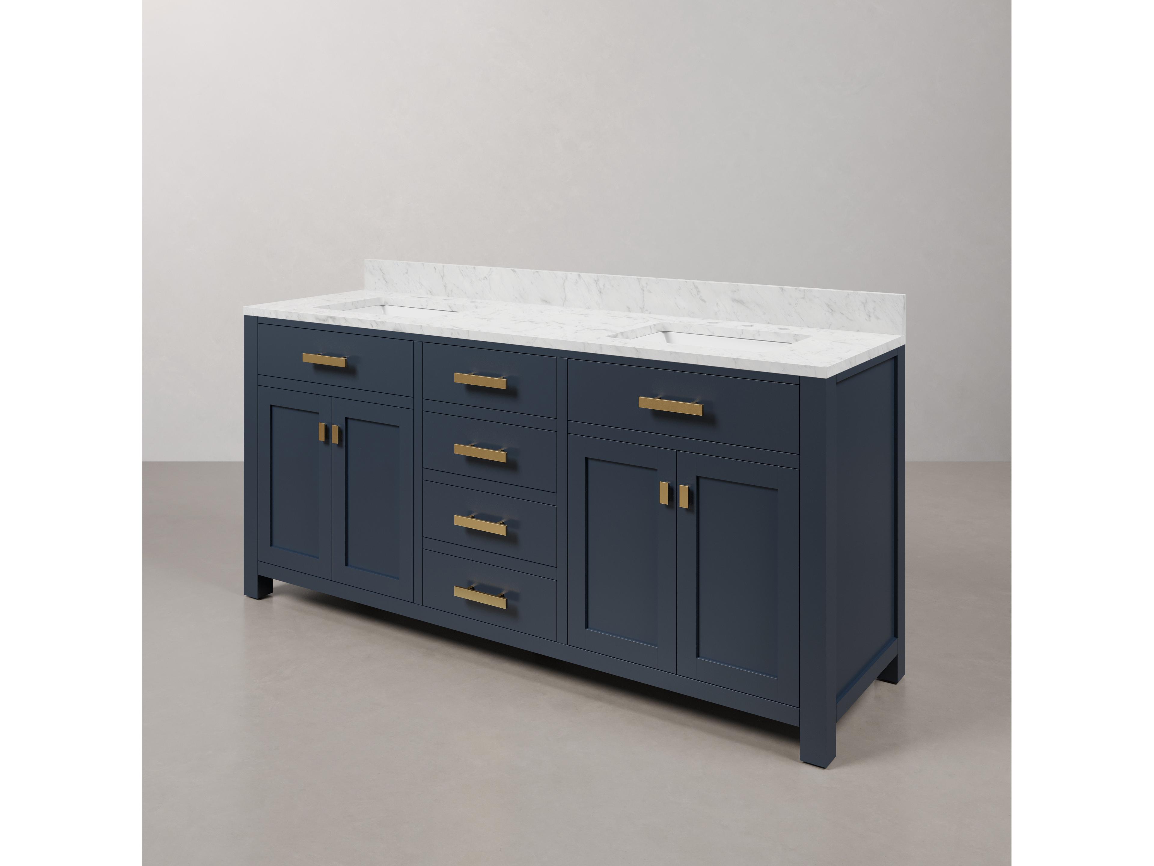 Water Creation Madison Double Sink Carrara White Marble Countertop Bath Vanity In Monarch Blue with Satin Gold Hardware