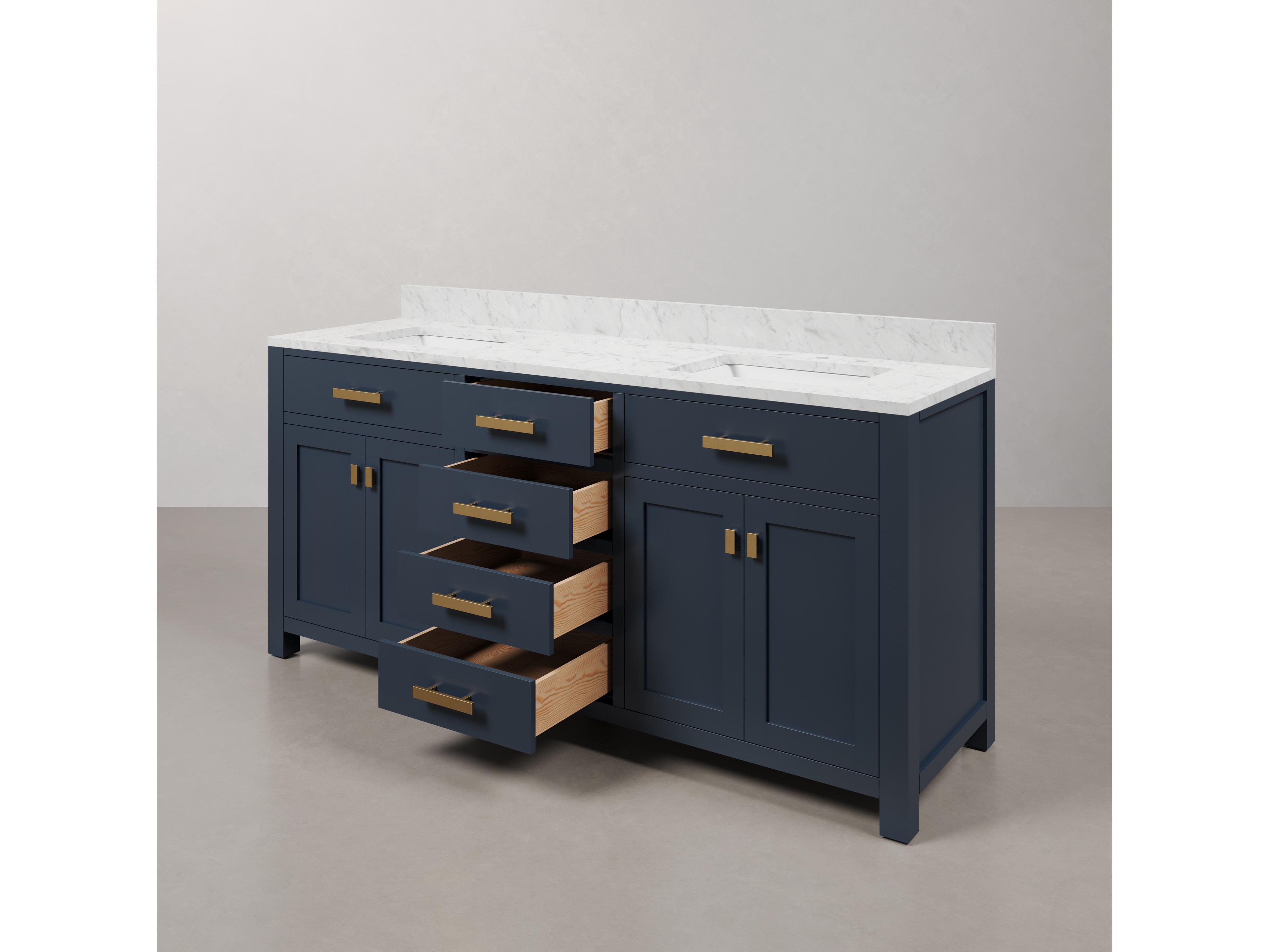 Water Creation Madison Double Sink Carrara White Marble Countertop Bath Vanity In Monarch Blue with Satin Gold Hardware