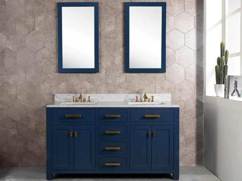 Water Creation Madison Double Sink Carrara White Marble Countertop Bath Vanity In Monarch Blue with Satin Gold Hardware and Waterfall Faucets