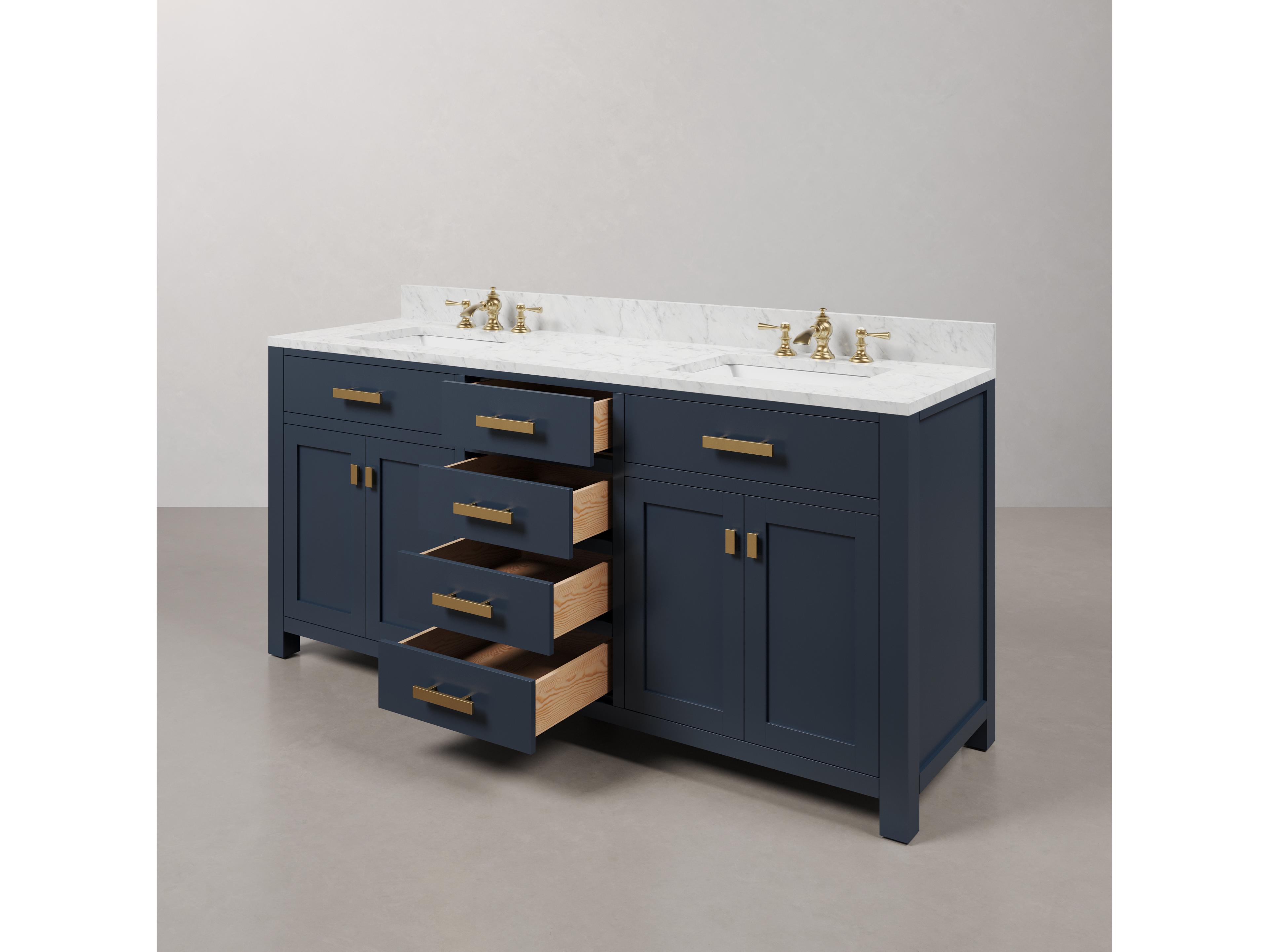 Water Creation Madison Double Sink Carrara White Marble Countertop Bath Vanity In Monarch Blue with Satin Gold Hardware and Waterfall Faucets