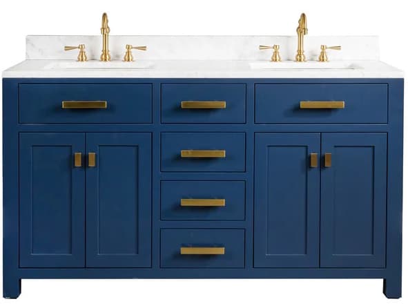 Water Creation Madison Double Sink Carrara White Marble Countertop Bath Vanity In Monarch Blue with Satin Gold Hardware and Hook Faucets