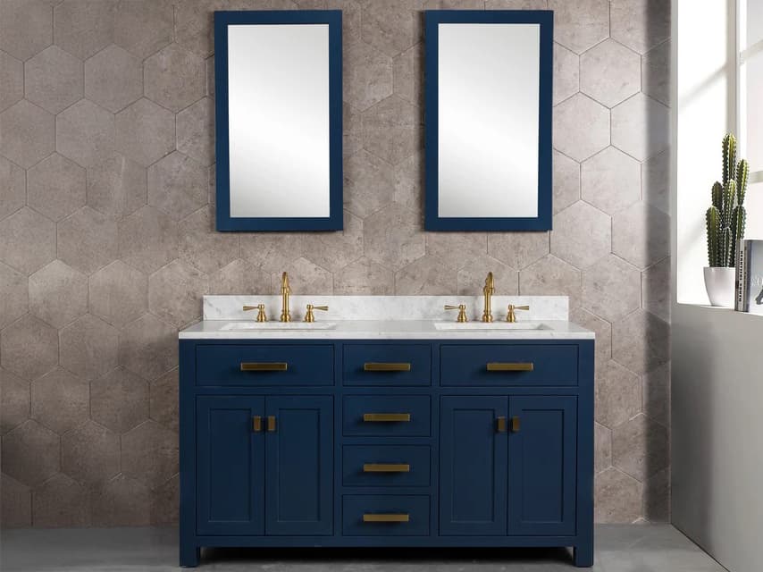 Water Creation Madison Double Sink Carrara White Marble Countertop Bath Vanity In Monarch Blue with Satin Gold Hardware and Hook Faucets