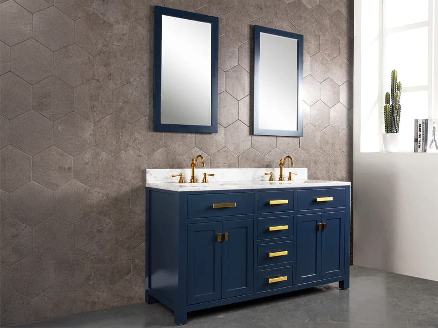 Water Creation Madison Double Sink Carrara White Marble Countertop Bath Vanity In Monarch Blue with Satin Gold Hardware and Hook Faucets