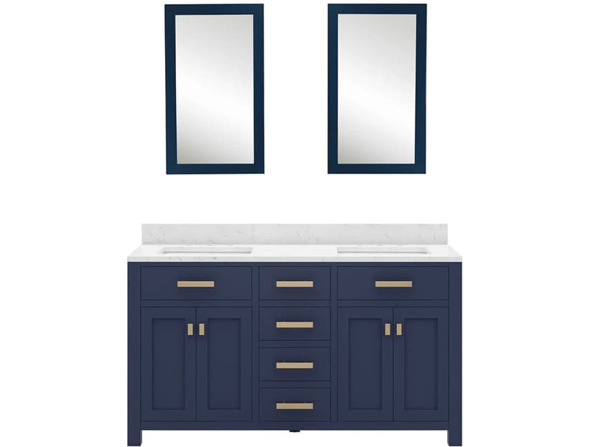 Water Creation Madison Double Sink Carrara White Marble Countertop Bath Vanity In Monarch Blue with Satin Gold Hardware and Rectangular Mirrors (S)