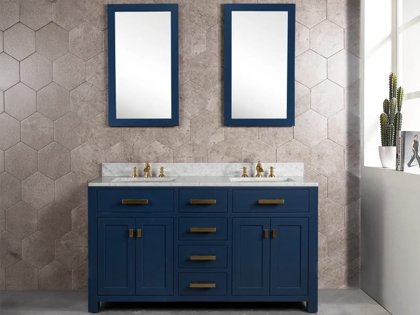 Water Creation Madison Double Sink Carrara White Marble Countertop Bath Vanity In Monarch Blue with Satin Gold Hardware and Rectangular Mirrors (S)