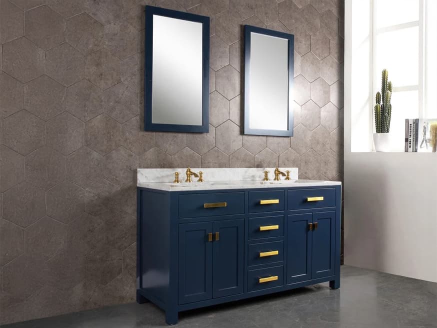 Water Creation Madison Double Sink Carrara White Marble Countertop Bath Vanity In Monarch Blue with Satin Gold Hardware and Rectangular Mirrors (S)