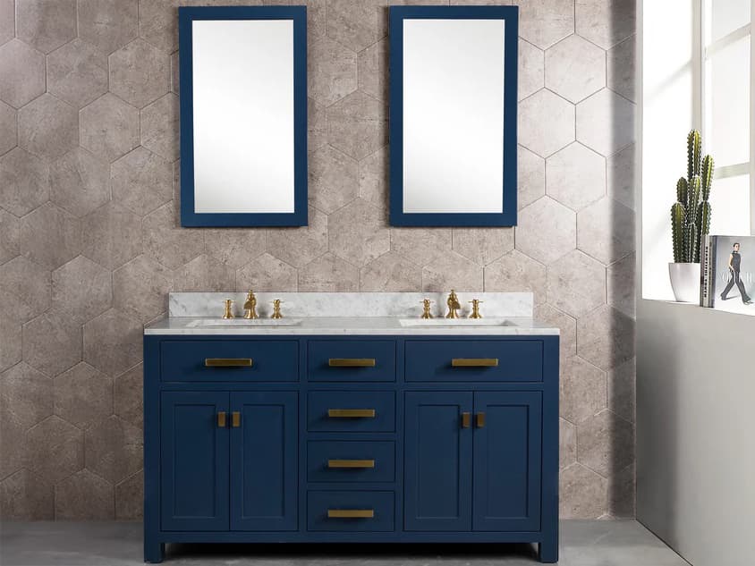 Water Creation Madison Double Sink Carrara White Marble Countertop Bath Vanity In Monarch Blue with Satin Gold Hardware, Waterfall Faucets and Rectangular Mirrors (S)