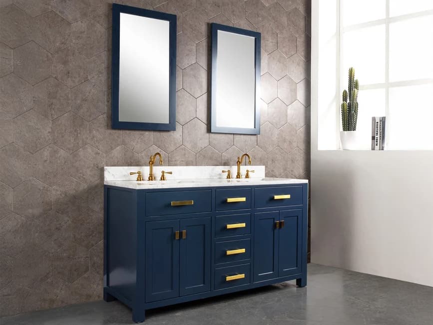 Water Creation Madison Double Sink Carrara White Marble Countertop Bath Vanity In Monarch Blue with Satin Gold Hardware, Hook Faucets and Rectangular Mirrors (S)