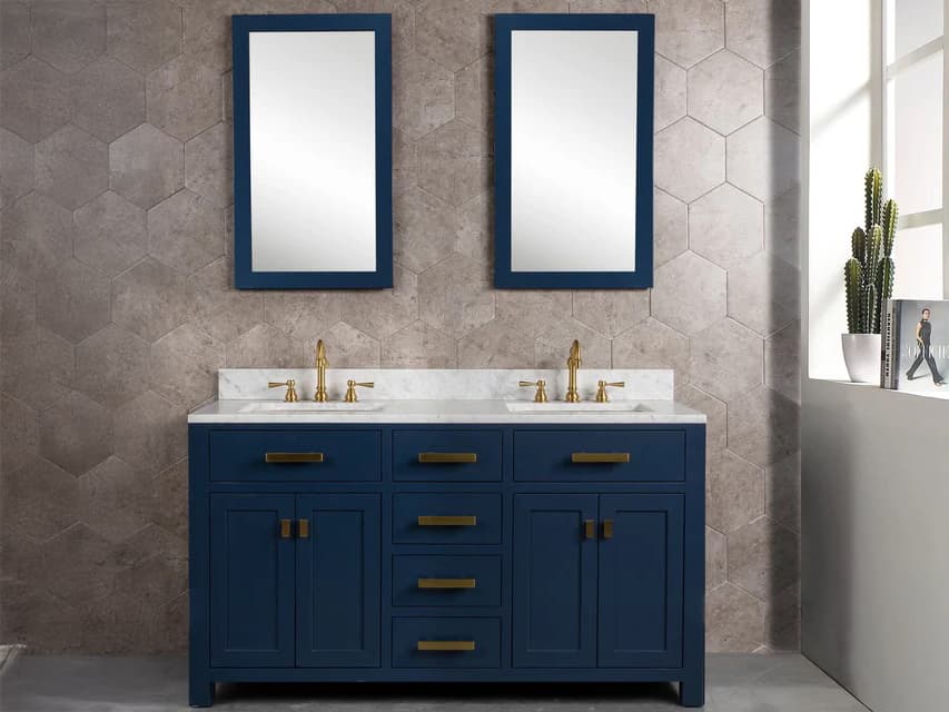 Water Creation Madison Double Sink Carrara White Marble Countertop Bath Vanity In Monarch Blue with Satin Gold Hardware, Hook Faucets and Rectangular Mirrors (S)