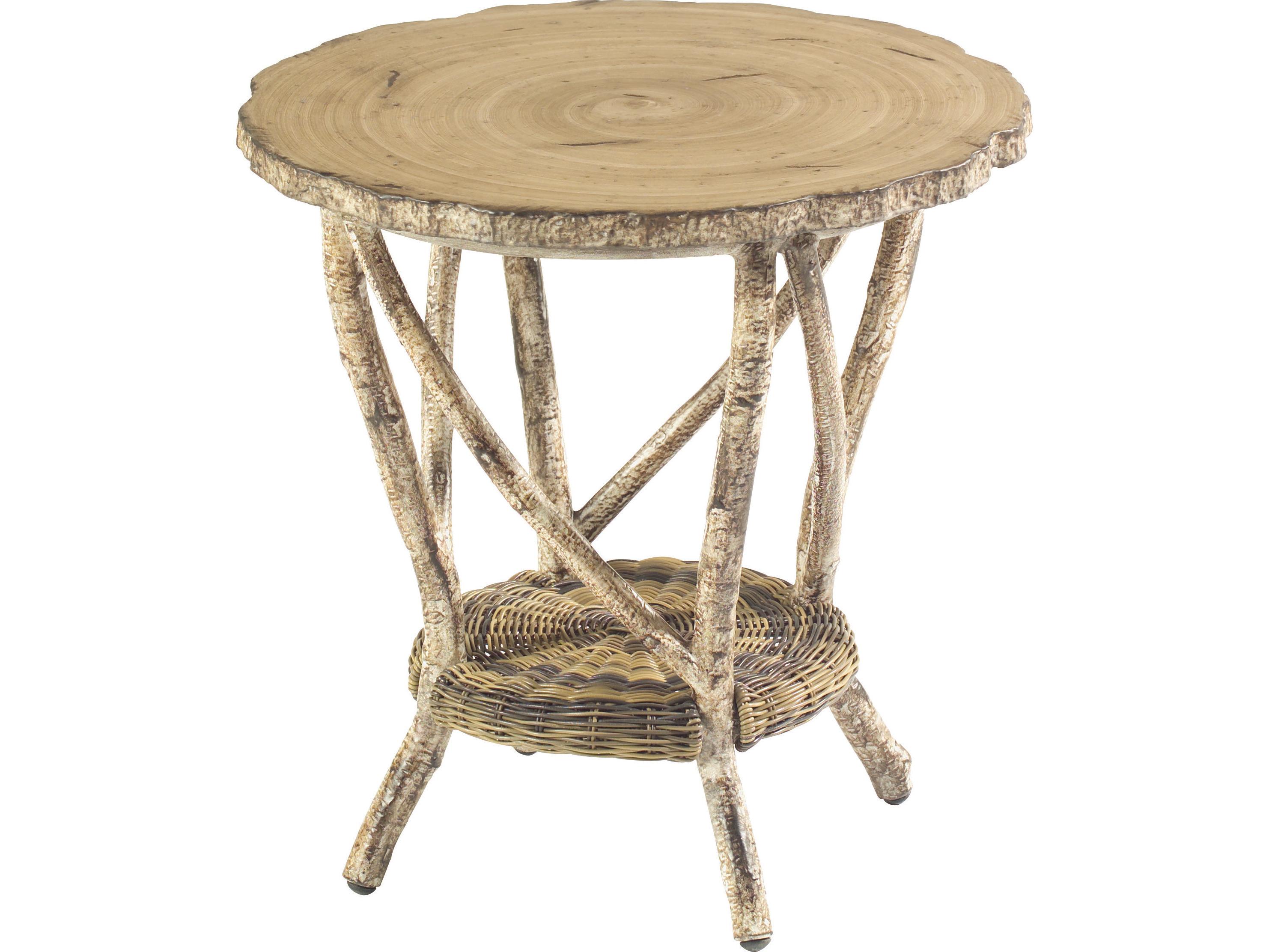 Woodard Whitecraft River Run Wicker Antique Palm Round Faux Birch Top Outdoor End Table