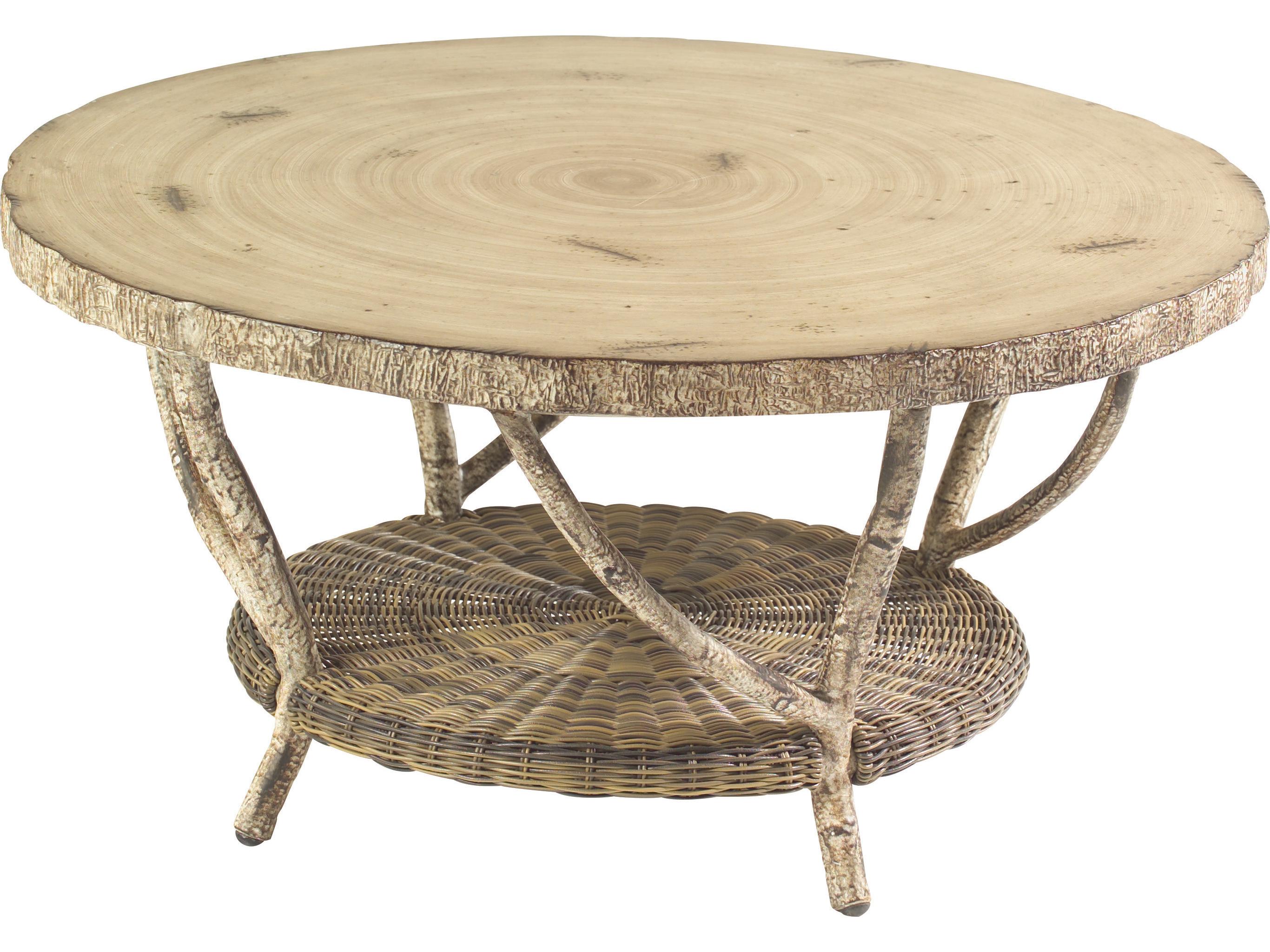 Woodard Whitecraft River Run Wicker Antique Palm Round Faux Birch Top Patio Coffee Table
