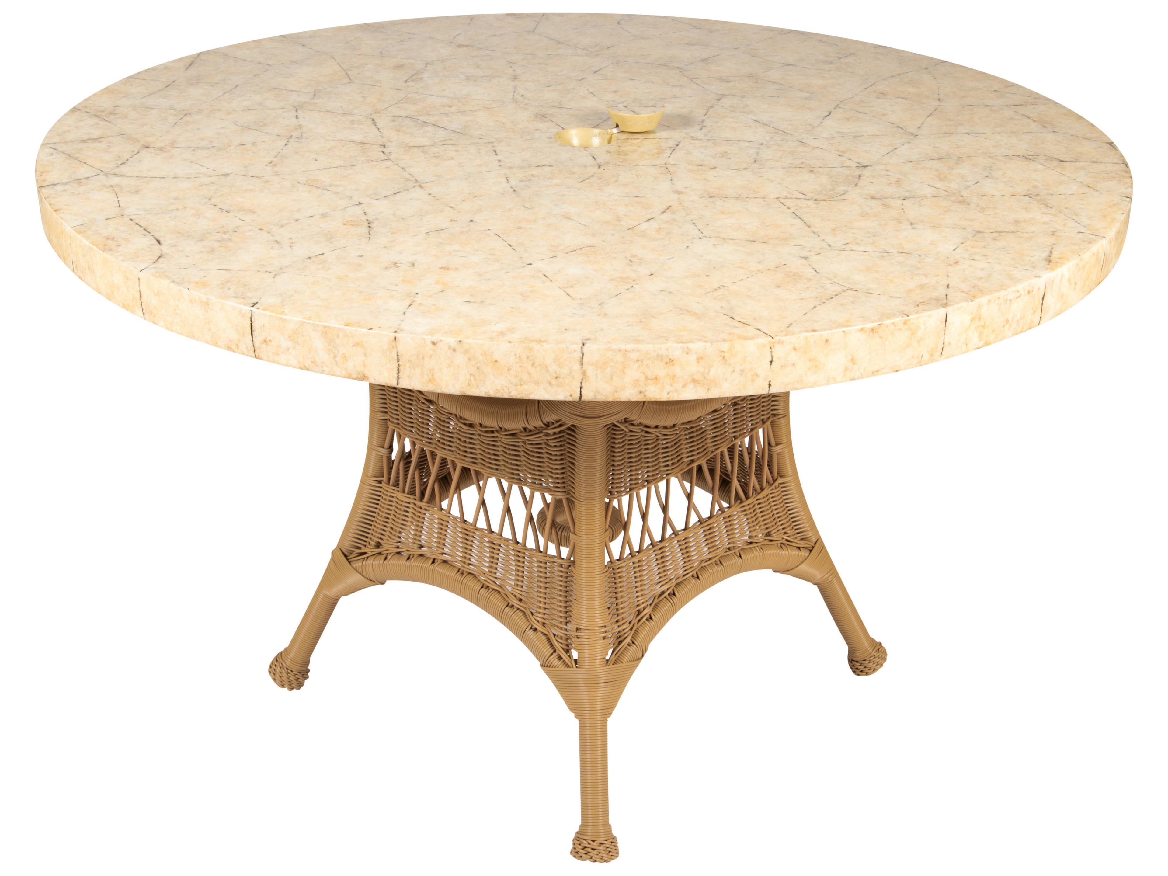 Woodard Whitecraft Sommerwind Wicker Round Stone Top Patio Dining Table with Umbrella Hole