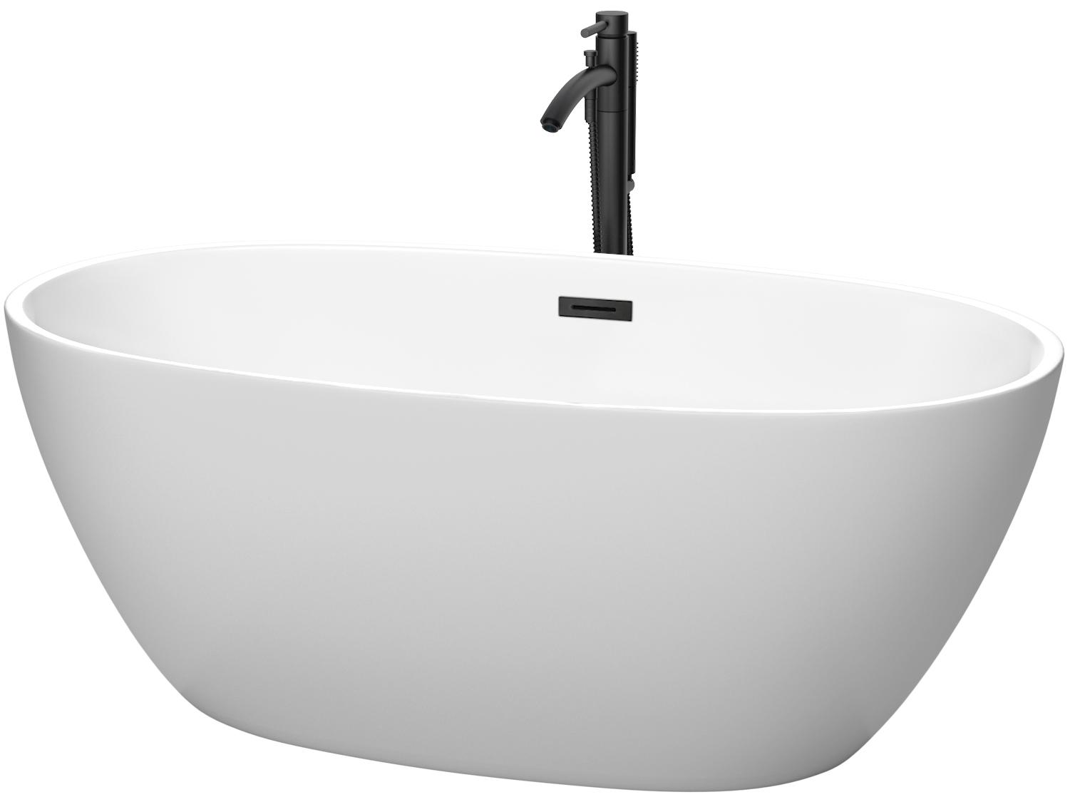 Wyndham Collection Juno Matte White Bathtub with Floor Mounted Faucet, Drain and Overflow Trim