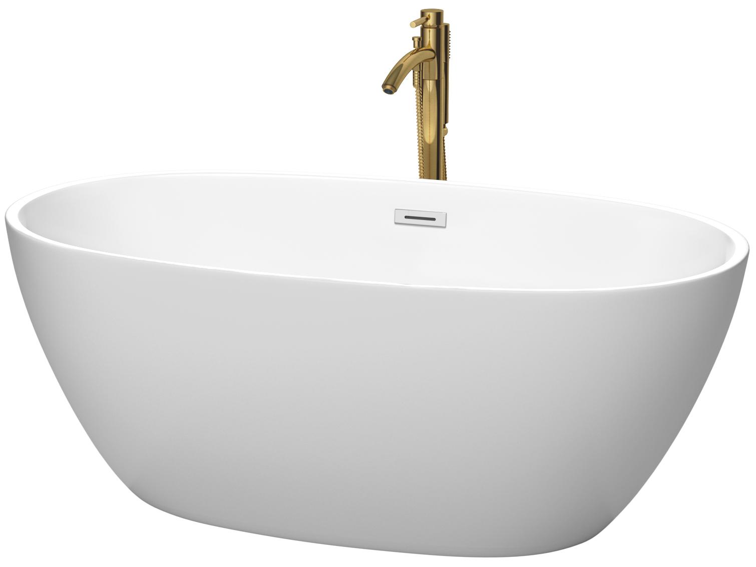 Wyndham Collection Juno Matte White Bathtub with Polished Chrome Trim and Floor Mounted Faucet