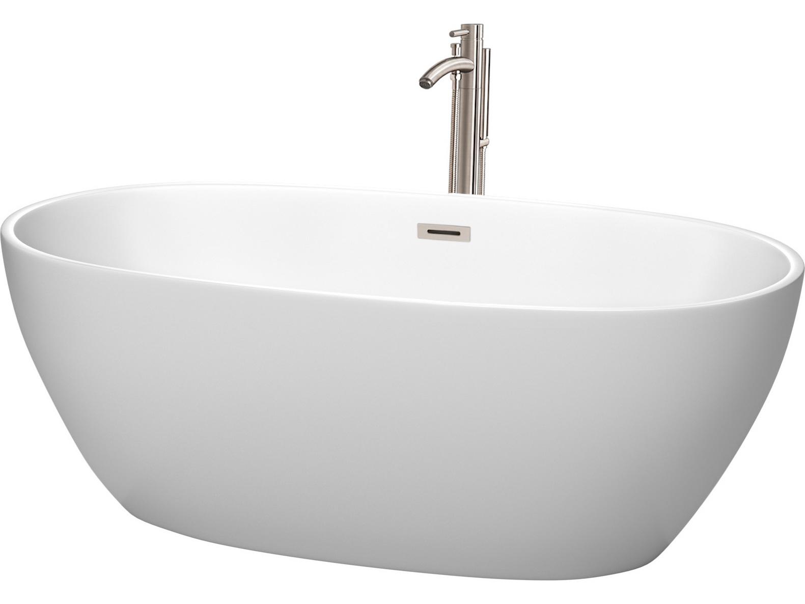 Wyndham Collection Juno Matte White Bathtub with Floor Mounted Faucet, Drain and Overflow Trim