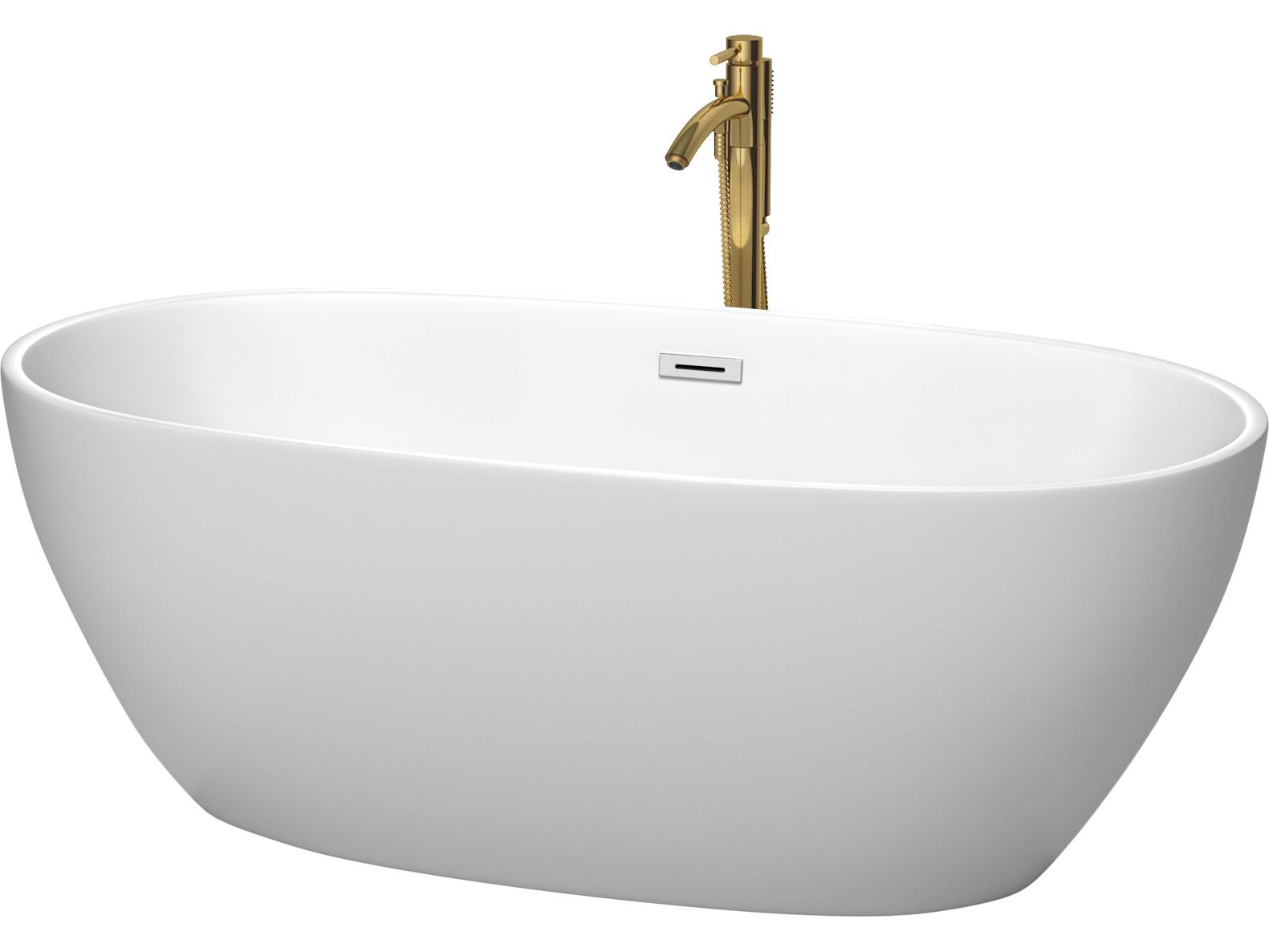 Wyndham Collection Juno Matte White Bathtub with Polished Chrome Trim and Floor Mounted Faucet