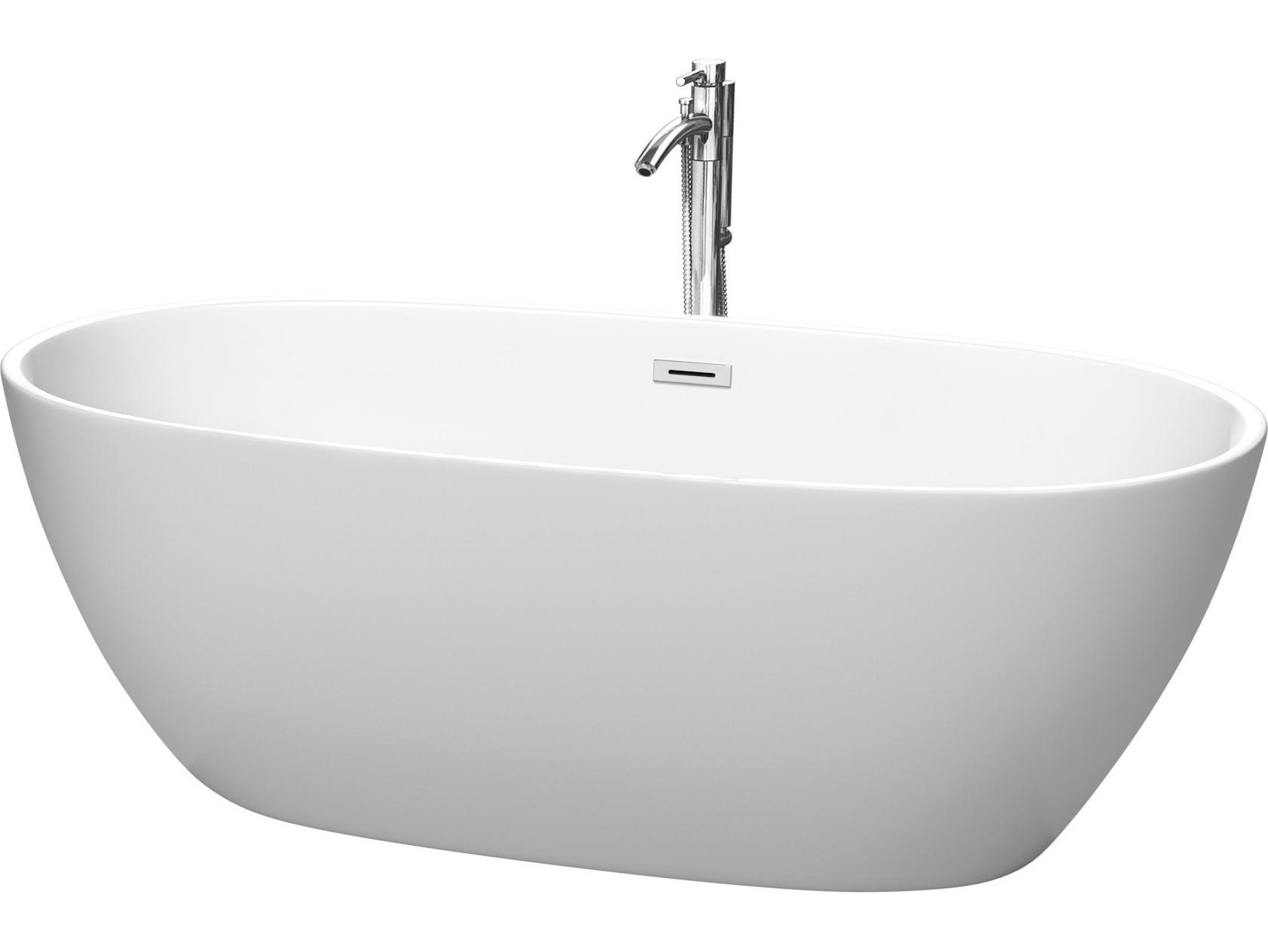 Wyndham Collection Juno Matte White Bathtub with Floor Mounted Faucet, Drain and Overflow Trim