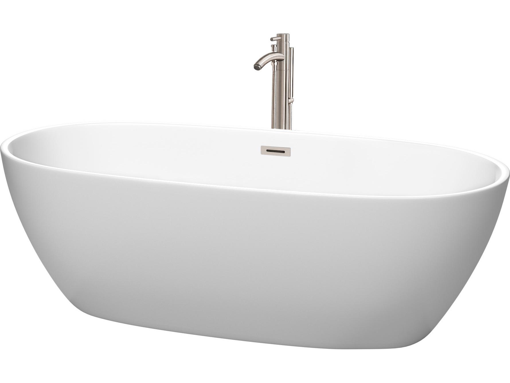 Wyndham Collection Juno Matte White Bathtub with Floor Mounted Faucet, Drain and Overflow Trim