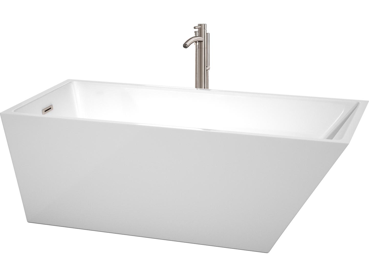 Wyndham Collection Hannah White Bathtub with Floor Mounted Faucet, Drain and Overflow Trim