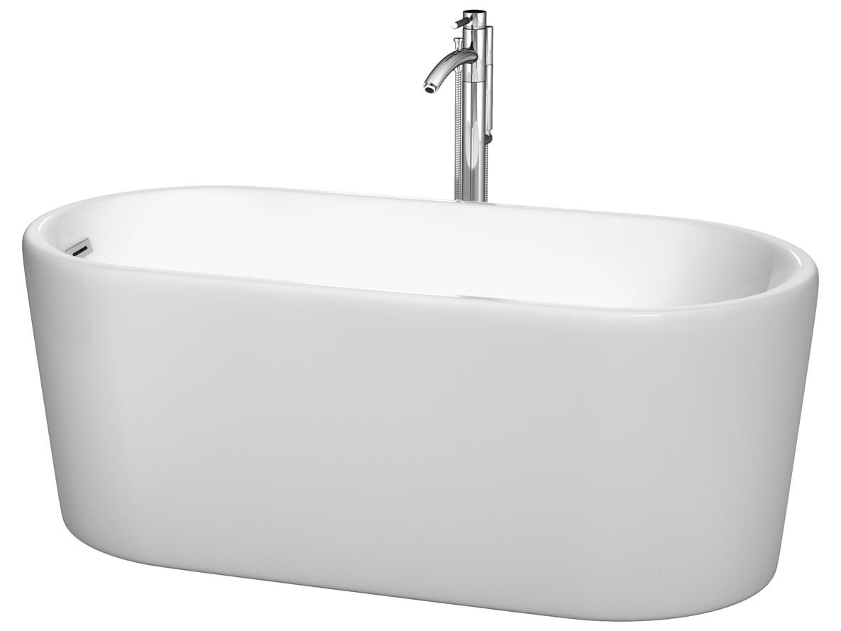 Wyndham Collection Ursula White Bathtub with Floor Mounted Faucet, Drain and Overflow Trim