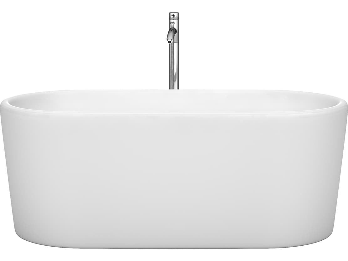 Wyndham Collection Ursula White Bathtub with Floor Mounted Faucet, Drain and Overflow Trim
