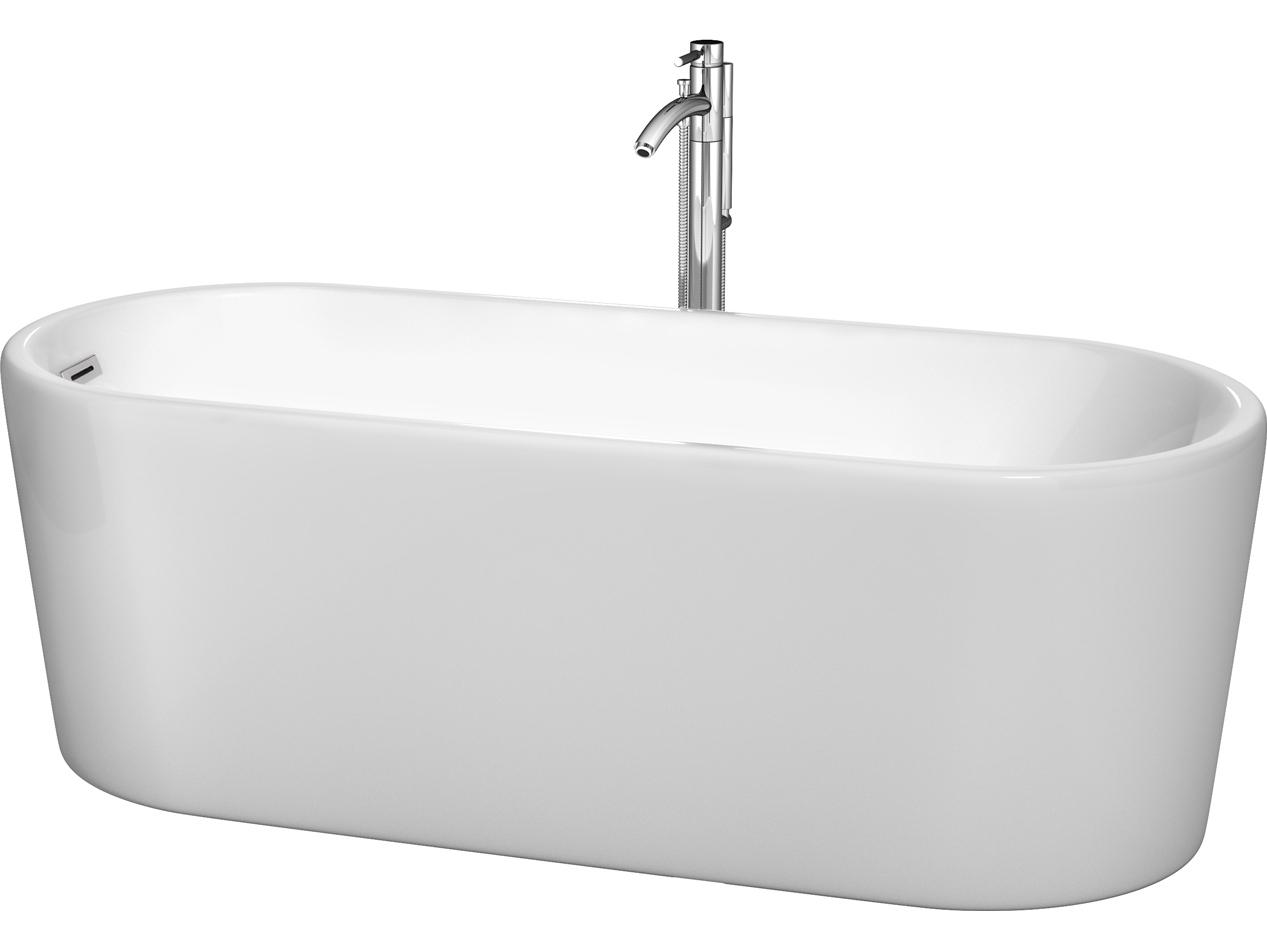 Wyndham Collection Ursula White Bathtub with Floor Mounted Faucet, Drain and Overflow Trim