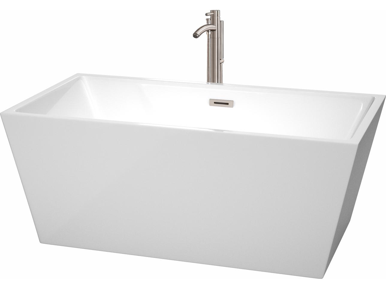 Wyndham Collection Sara White Bathtub with Floor Mounted Faucet, Drain and Overflow Trim