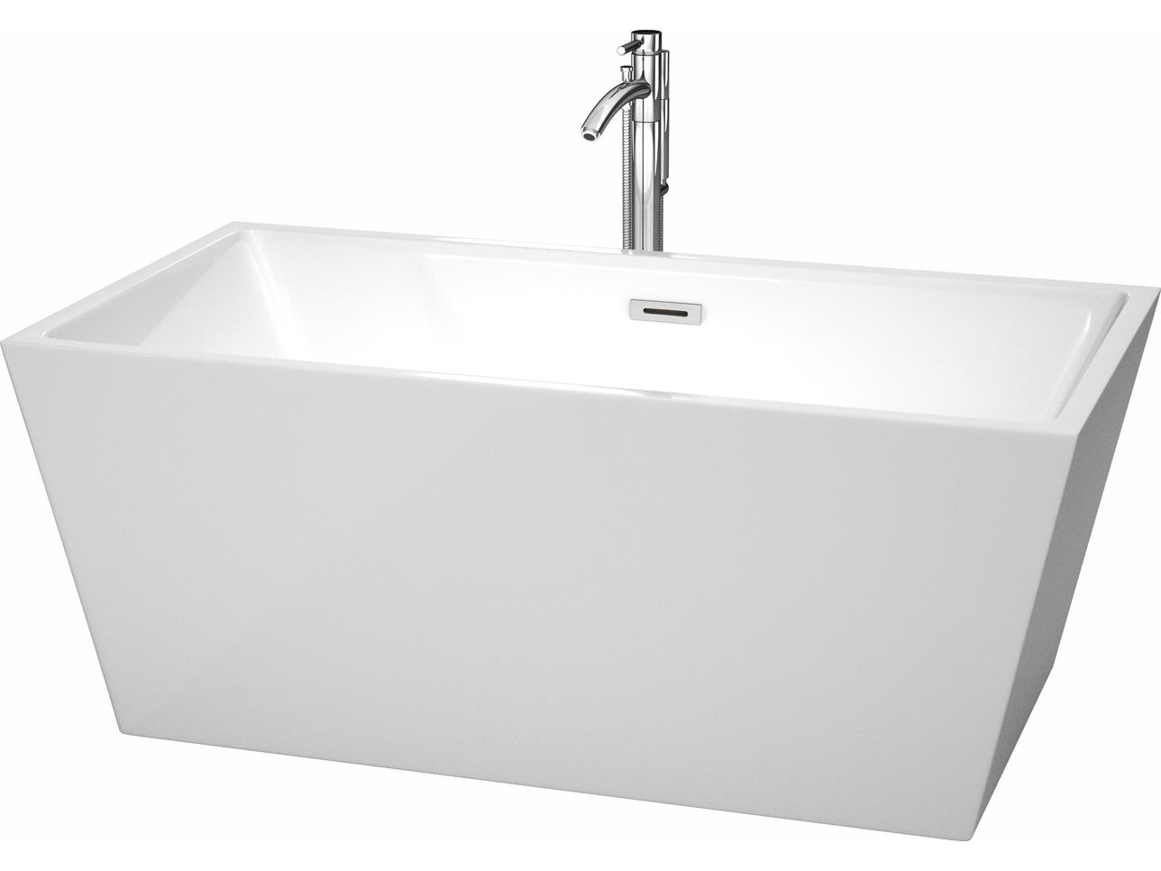 Wyndham Collection Sara White Bathtub with Floor Mounted Faucet, Drain and Overflow Trim