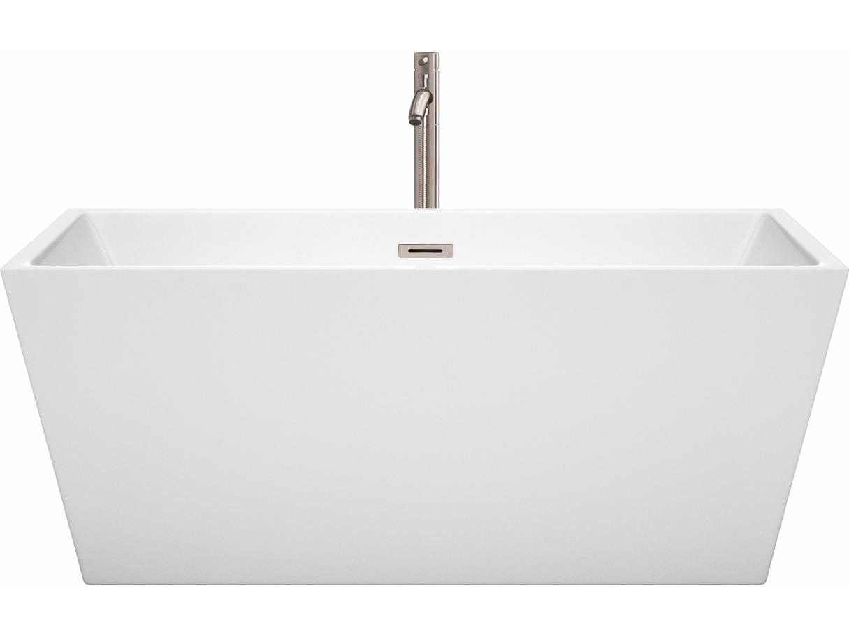 Wyndham Collection Sara White Bathtub with Floor Mounted Faucet, Drain and Overflow Trim