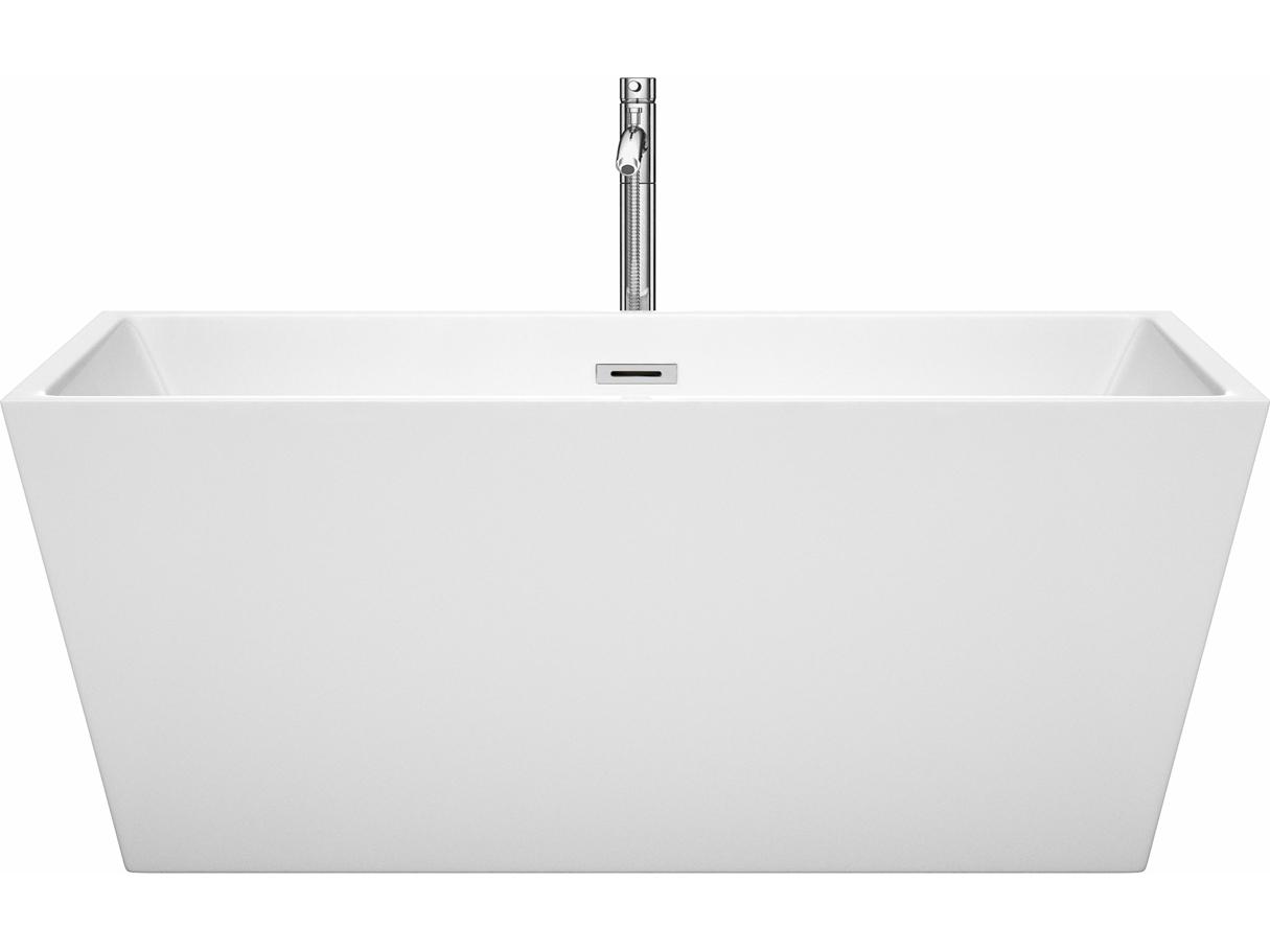 Wyndham Collection Sara White Bathtub with Floor Mounted Faucet, Drain and Overflow Trim